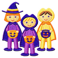 Three Kids in Halloween Costumes Holding Buckets in Purple Yellow and Orange Tone