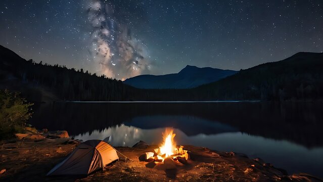 Glowing tent beneath milky way stars overlooking serene mountain lake