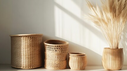 Fototapeta premium Stylish Rattan Storage Baskets in Natural Light Against a Minimalistic Backdrop, Highlighting Efficient Organization and Home Decor Themes