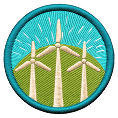 Three Wind Turbines Embroidered on a Green Hill Against a Light Blue Sky Patch
