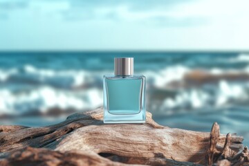 Perfume bottle mockup for design and branding, on driftwood by the ocean