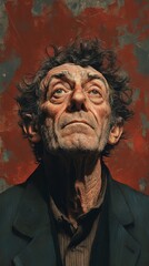 Fototapeta premium Vintage Illustration of Old Man with Brown Curly Hair and Introspective Expression in Historical Setting Concept Art