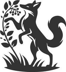 A fox standing on its hind legs, reaching for a berry bush vector animal silhouette