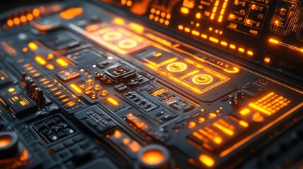 Obraz premium Futuristic tech control panel, glowing orange, close-up