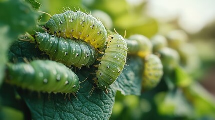 Close-up of vibrant green caterpillars on lush foliage in a sunlit garden setting