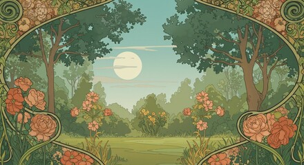 Art Nouveau garden illustration with a full moon.