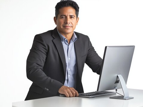 Man in suit sitting at desk with laptop and keyboard, smiling towards camera.