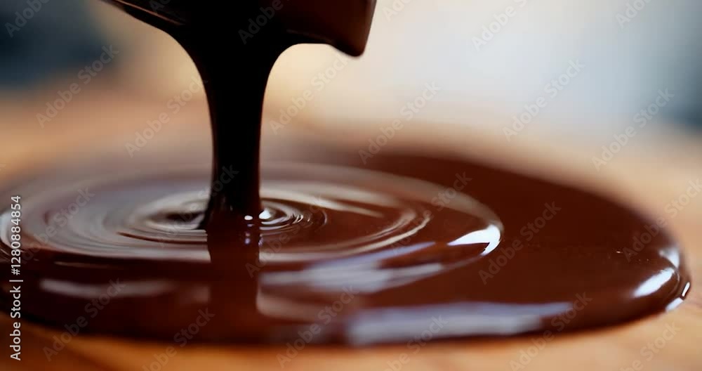 Poster Close-up of a dark chocolate with macro shot on wood background with blur focus and selective color