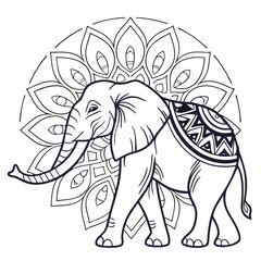 Elephant Mandala Coloring Page: Detailed Line Art of an Indian Elephant with Intricate Floral Mandala Background for Relaxation