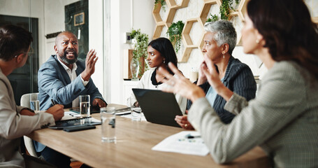 Meeting, people and argument in office, negotiation fail and reject company merger in boardroom....