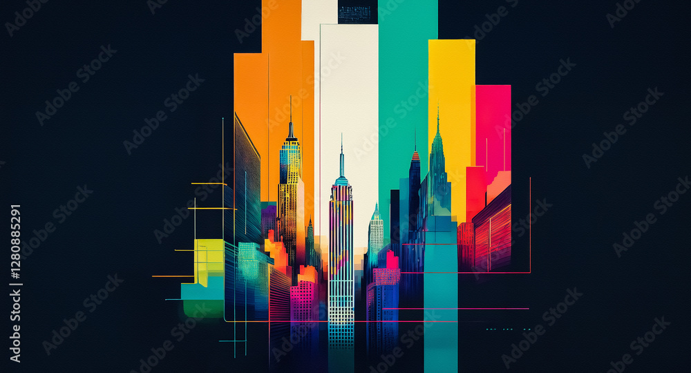 Poster Vibrant geometric cityscape abstractly rendered with bold, saturated colors against a dark backdrop.  Tall building silhouettes create a dynamic urban scene with a modern artistic style.