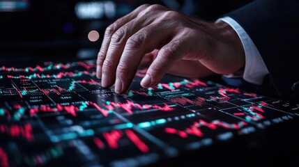 Naklejka premium Hand Reaching Out to Analyze Stock Market Data on Digital Screen