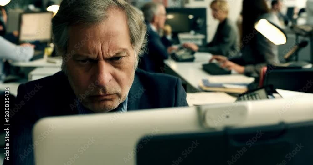 Poster serious businessman concentrating on computer screen in a busy office environment