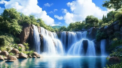 Fototapeta premium Lush Waterfall Cascading into a Clear Turquoise Pool Surrounded by Green Vegetation