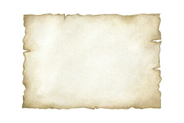 Parchment beige sheet of vintage paper with old torn edges. Hand drawn watercolor isolated illustration of papyrus. Template with copy space for text for retro design, postcards, cards, invitations.