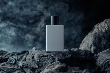 Perfume bottle mockup for design and branding, on volcanic rock