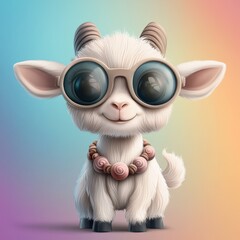 Fototapeta premium A cute goat wearing oversized sunglasses and a beaded necklace against a colorful gradient background, Y2K style.