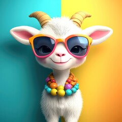 Fototapeta premium A cute cartoon goat wearing sunglasses and a colorful necklace, set against a vibrant two-tone background, Y2K style.