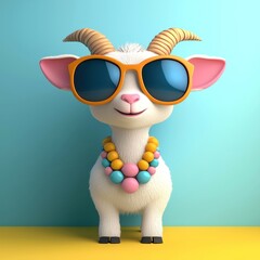 A playful cartoon goat wearing sunglasses and a colorful necklace, standing against a vibrant blue and yellow background, Y2K style.