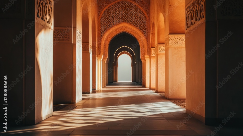 Poster vibrant sunlight filters through the elaborate arches of a centuries-old entrance, casting intricate