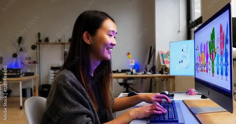 Poster young woman using computer keyboard and display screen while working at an office desk indoor