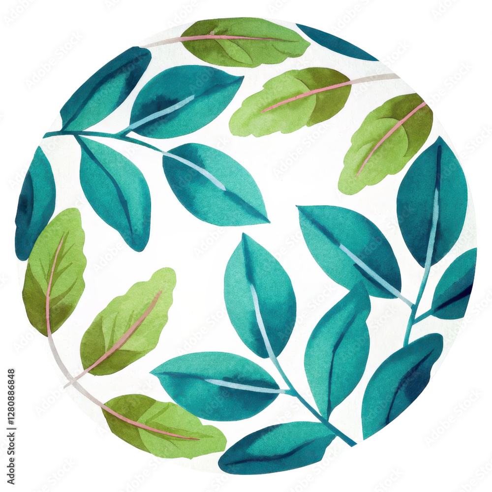 Poster watercolor leaves seamless pattern design on transparent background in circular format