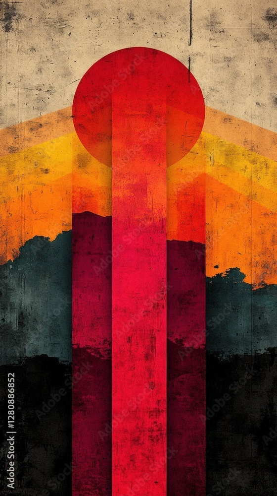 Poster abstract geometric art with red circle and vertical stripes on textured background