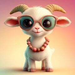 Obraz premium A cute, stylized goat wearing glasses and a necklace, set against a colorful pastel background, Y2K style.