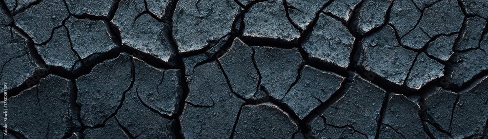Poster detailed close-up of dry, cracked soil surface with textured patterns and dark color tones
