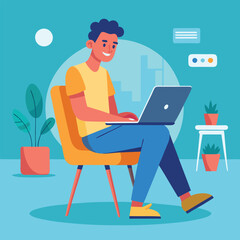 a boy is using his laptop vector