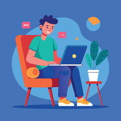 a boy is using his laptop vector