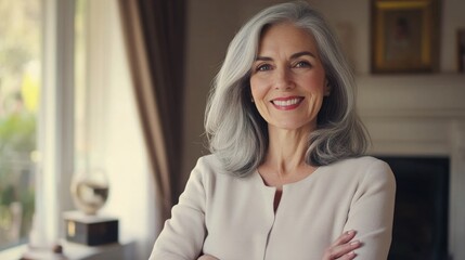 An older woman with gray hair stands confidently, dressed in business attire. She is positioned in front of a window and smiles at the camera.
