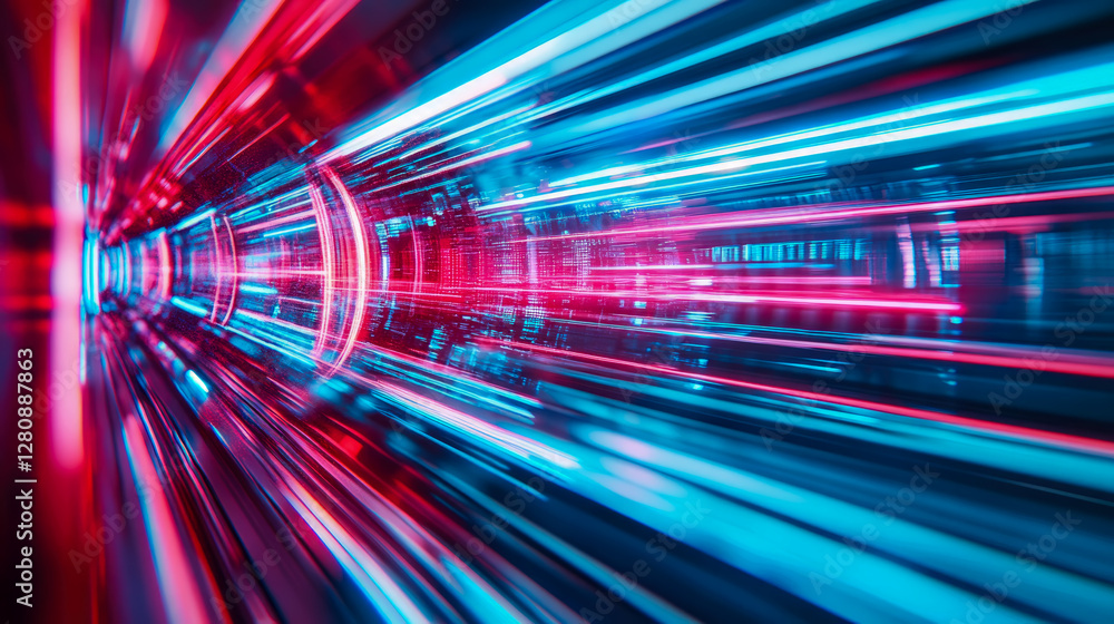 Poster cyberpunk data stream: abstract light trails in a digital tunnel