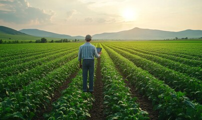 Farmer Utilizing Tablet for Agricultural Data Analysis in Field, Researching and Developing Plant Varieties with Advanced Technology, Precision Agriculture