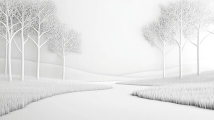 Minimalist White Paper Cut Landscape with Trees Meadow and Serene Background