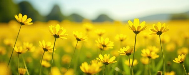Obraz premium A sea of bright yellow flowers in a sunny field, blossoms, warm