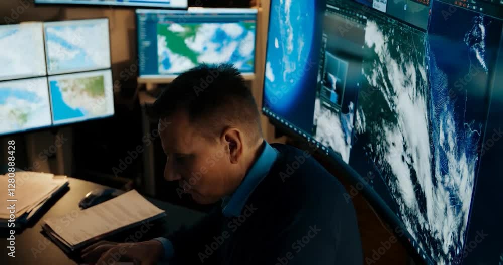 Fototapete Man Working On Monitor Screen in A Dark Setting Focus On Detailed Examination of World Maps and Data