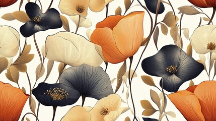 Elegant floral pattern with vibrant colors, intricate botanical design with rich hues, sophisticated nature-inspired decorative artwork, luxury textile patterns, vintage floral aesthetics.
