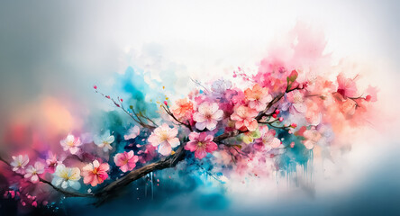 Soft watercolor painting of a flowering branch with pink and white blossoms against a serene blue and white backdrop. Delicate and dreamy floral art.