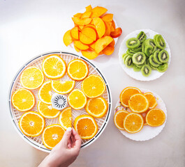 Drying oranges, kiwis and persimmons for the winter in a dryer. Preparing dry fruit slices, copy space for text, healthy snack