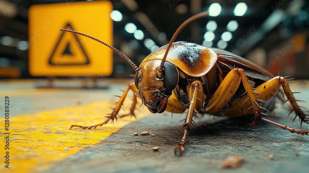 Poster close-up of a cockroach on a yellow line in a dimly lit urban environment, caution sign in backgroun