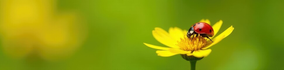 Bright red ladybug sits on delicate yellow flower, nature, summer