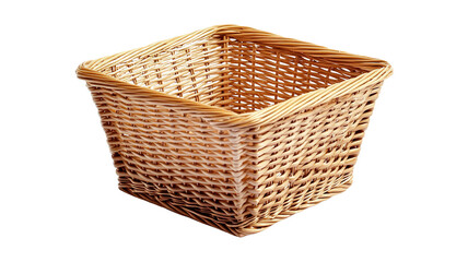 Fototapeta premium A small square plastic wicker basket with a decorative pattern, isolated on a transparent background for easy viewing.