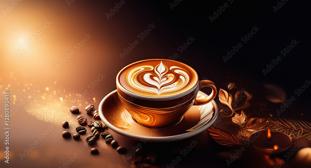 Poster steaming coffee with delicate latte art in a brown cup rests on a saucer, surrounded by scattered co