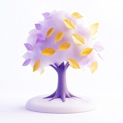 A stylized 3D tree with purple trunk and golden leaves on a white background.