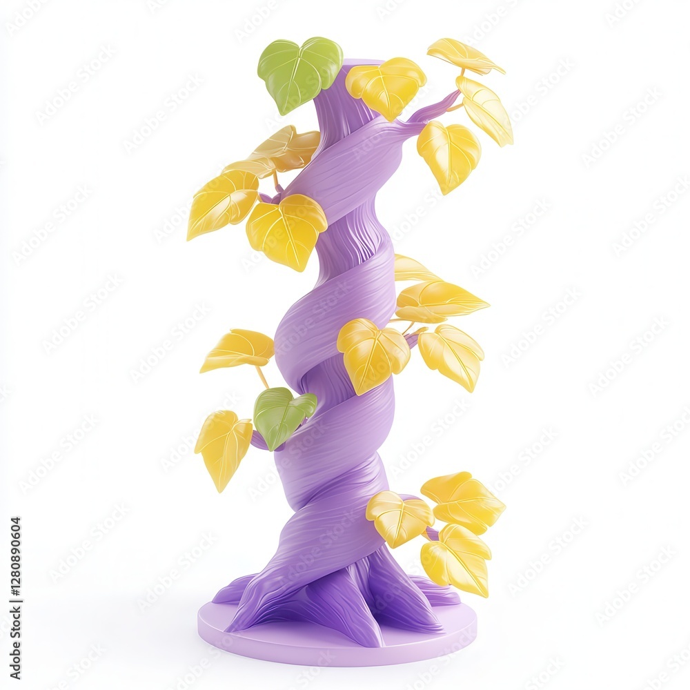 Poster a colorful 3d rendering of a twisted tree with vibrant yellow and green leaves.