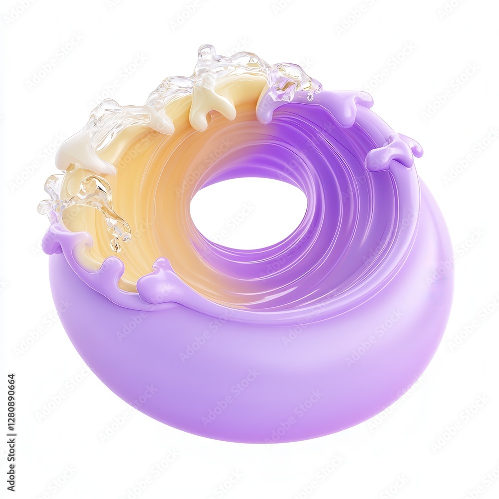 Poster a colorful 3d donut shape with liquid splashes in purple and yellow shades, creating a vibrant visua