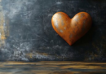 Rusty Metal Heart Sculpture on Wooden Floor with Dark Background

