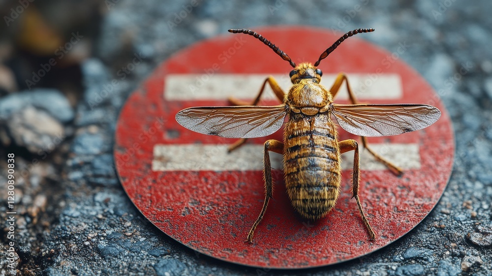 Aufkleber close-up of a detailed insect resting on a red circular marker on a textured surface
