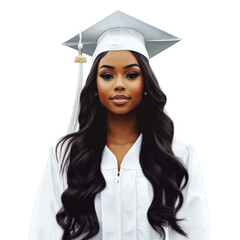 A professional cut-out style illustration of a female graduate wearing a white cap and gown, centered in the frame, transparent background, PNG